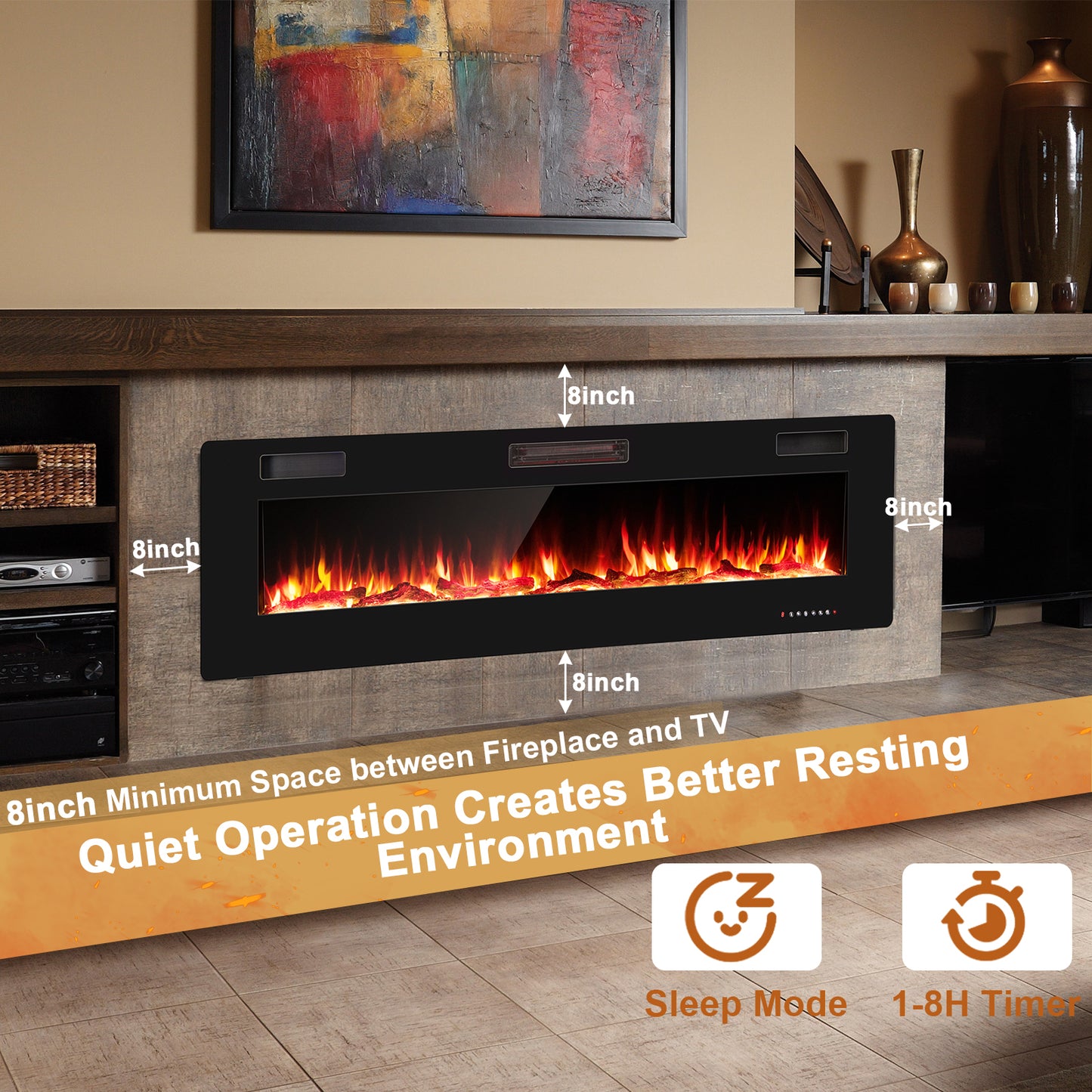 68 Inch Ultra Slim Electric Fireplace with Crystal Log - Wall-Mounted or Recessed