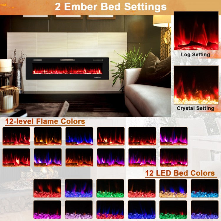 68 Inch Ultra Slim Electric Fireplace with Crystal Log - Wall-Mounted or Recessed