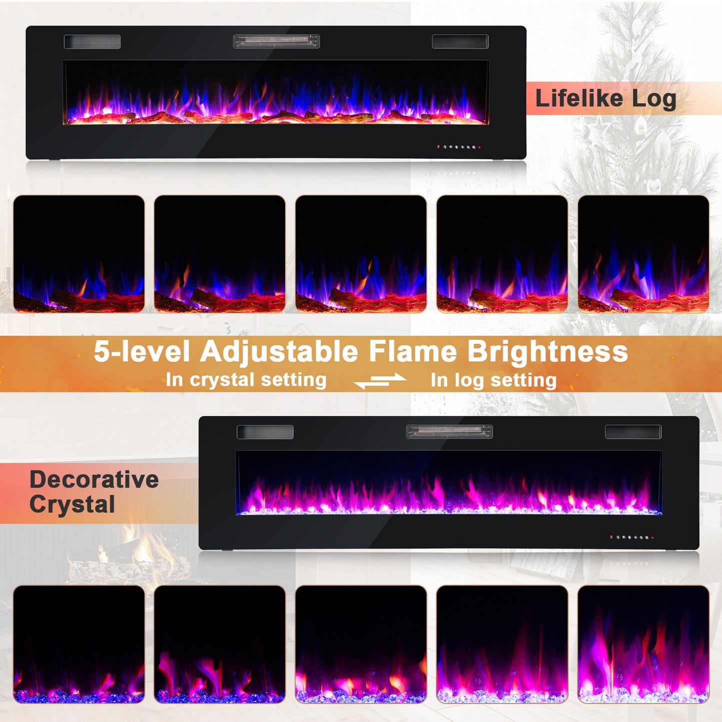 68 Inch Ultra Slim Electric Fireplace with Crystal Log - Wall-Mounted or Recessed