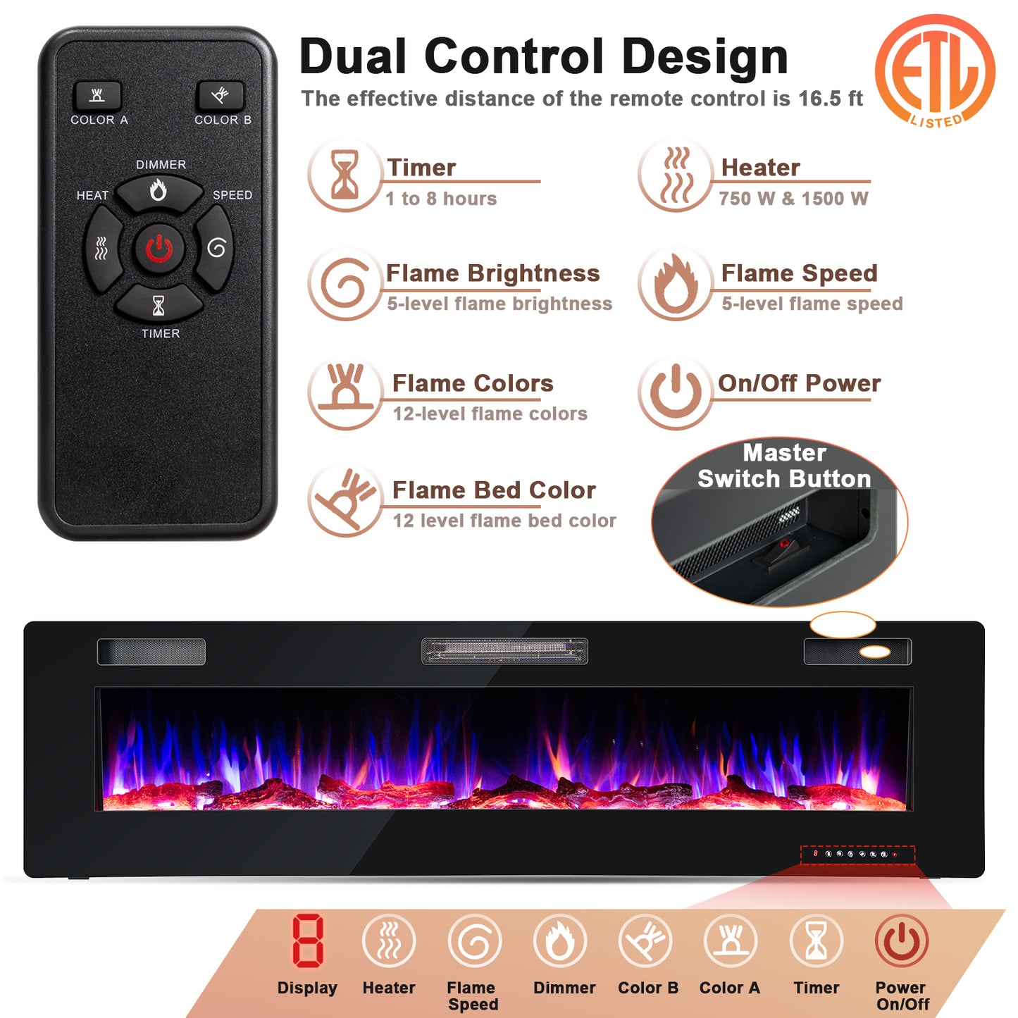 68 Inch Ultra Slim Electric Fireplace with Crystal Log - Wall-Mounted or Recessed