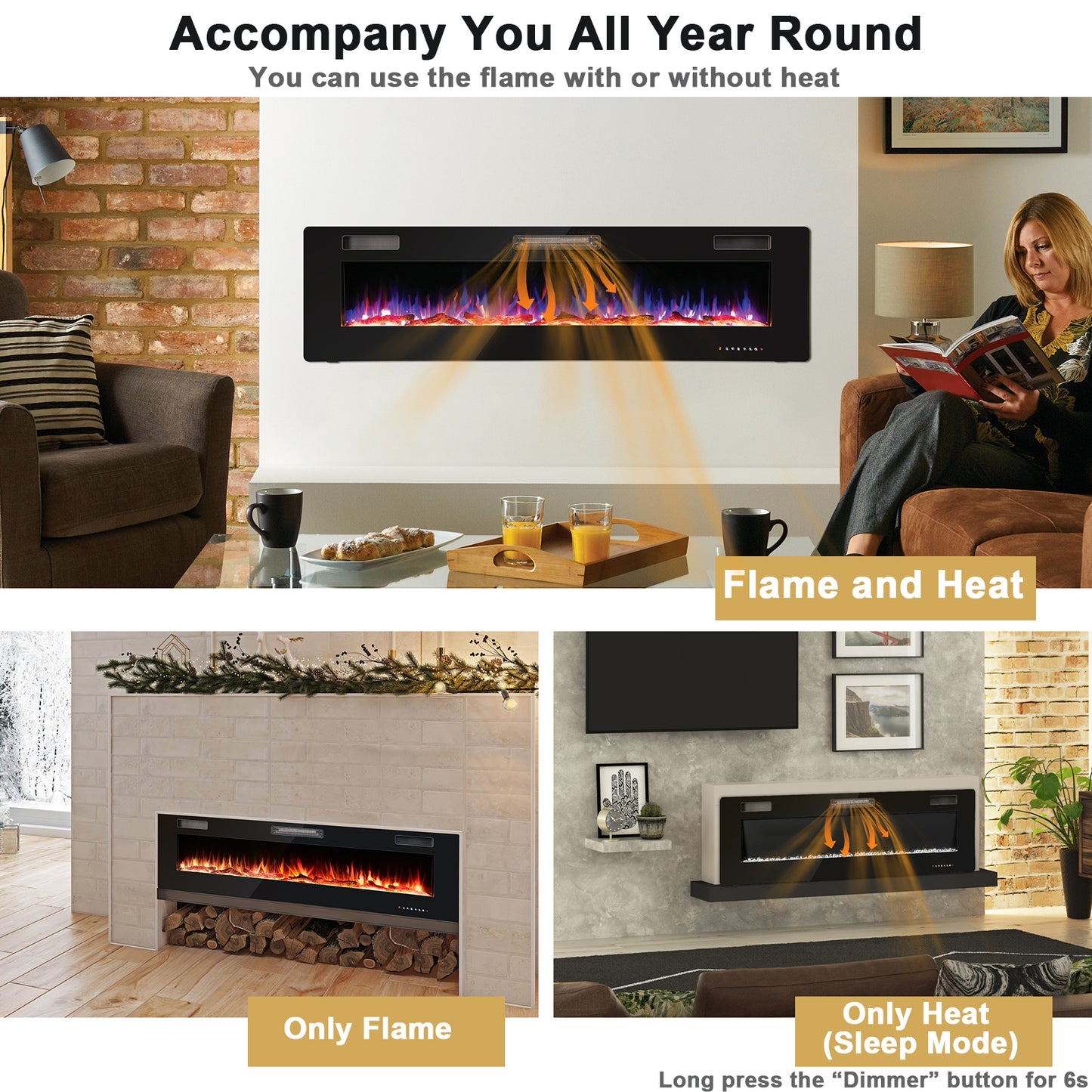 68 Inch Ultra Slim Electric Fireplace with Crystal Log - Wall-Mounted or Recessed