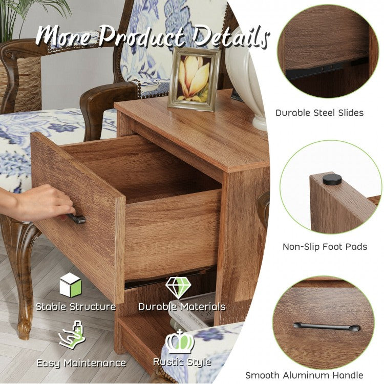 Wooden Nightstand with Drawer and Open Storage Shelf in Brown Finish