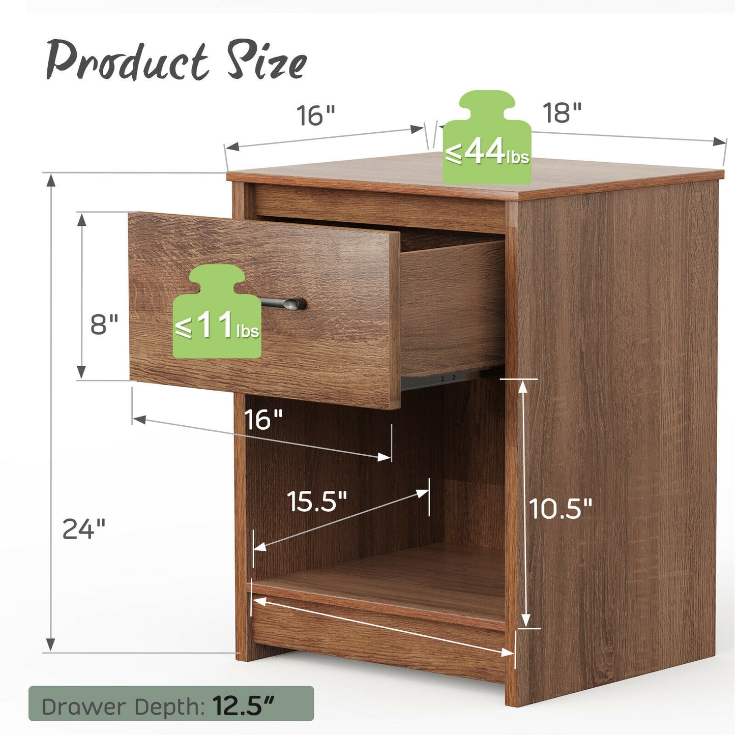 Wooden Nightstand with Drawer and Open Storage Shelf in Brown Finish