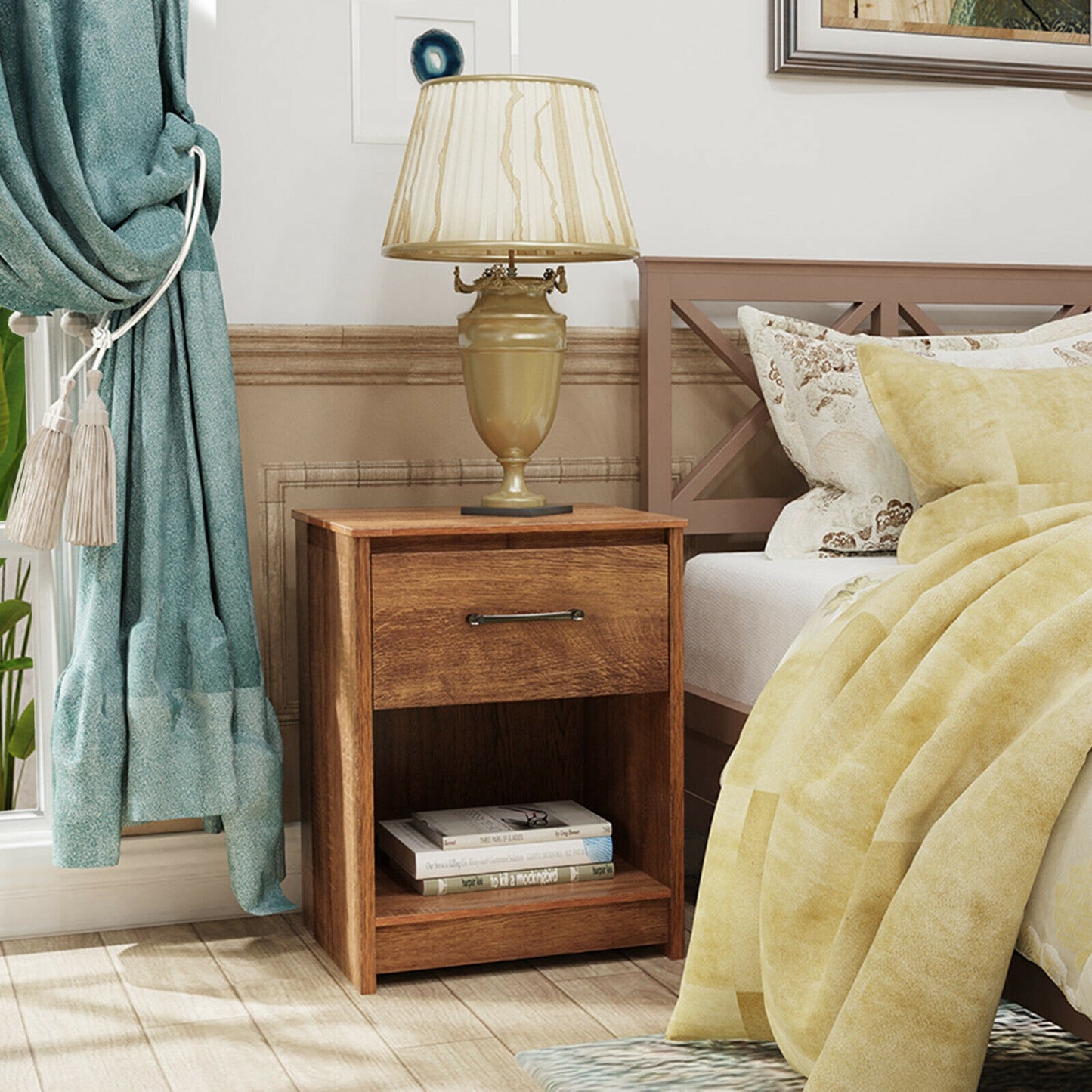 Wooden Nightstand with Drawer and Open Storage Shelf in Brown Finish