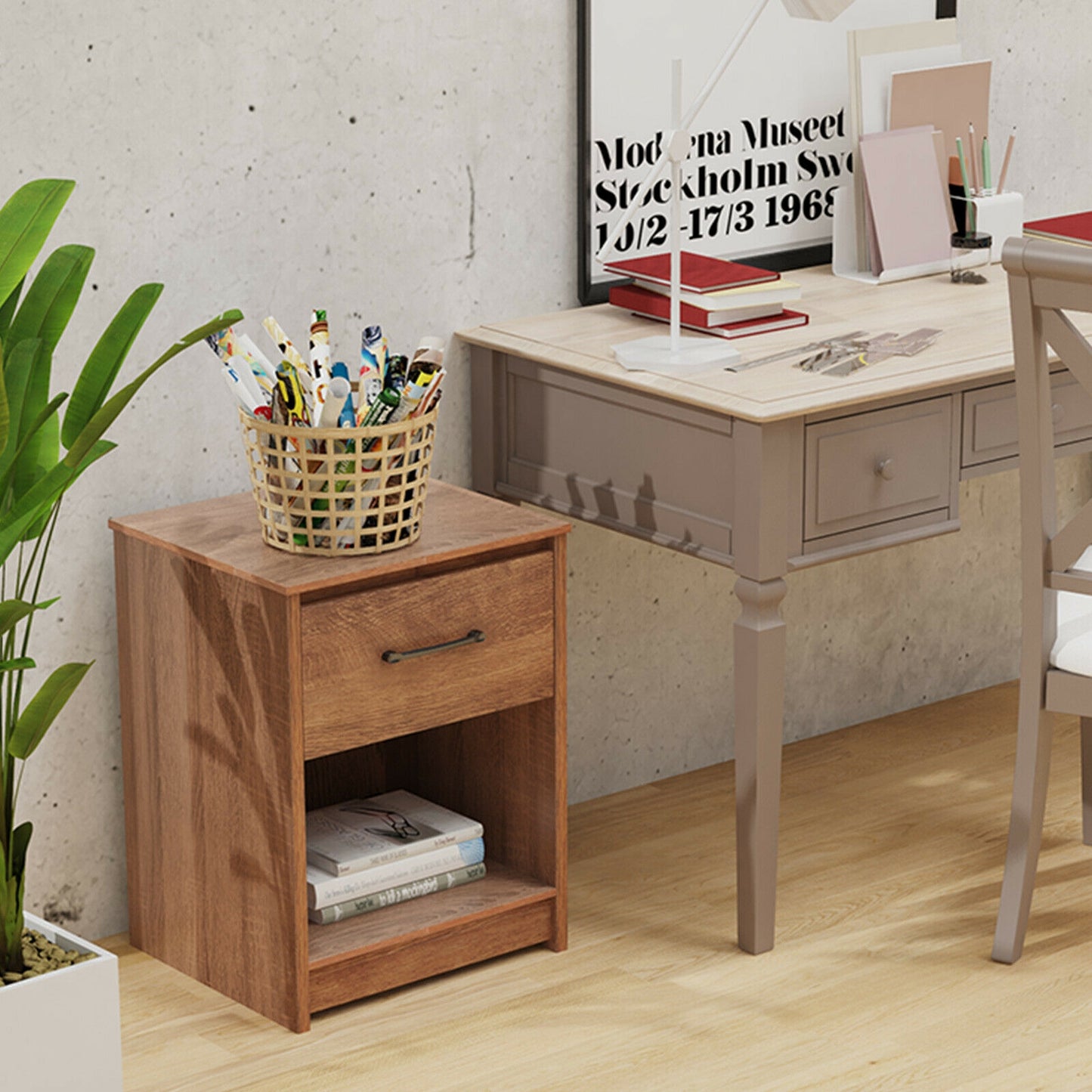 Wooden Nightstand with Drawer and Open Storage Shelf in Brown Finish
