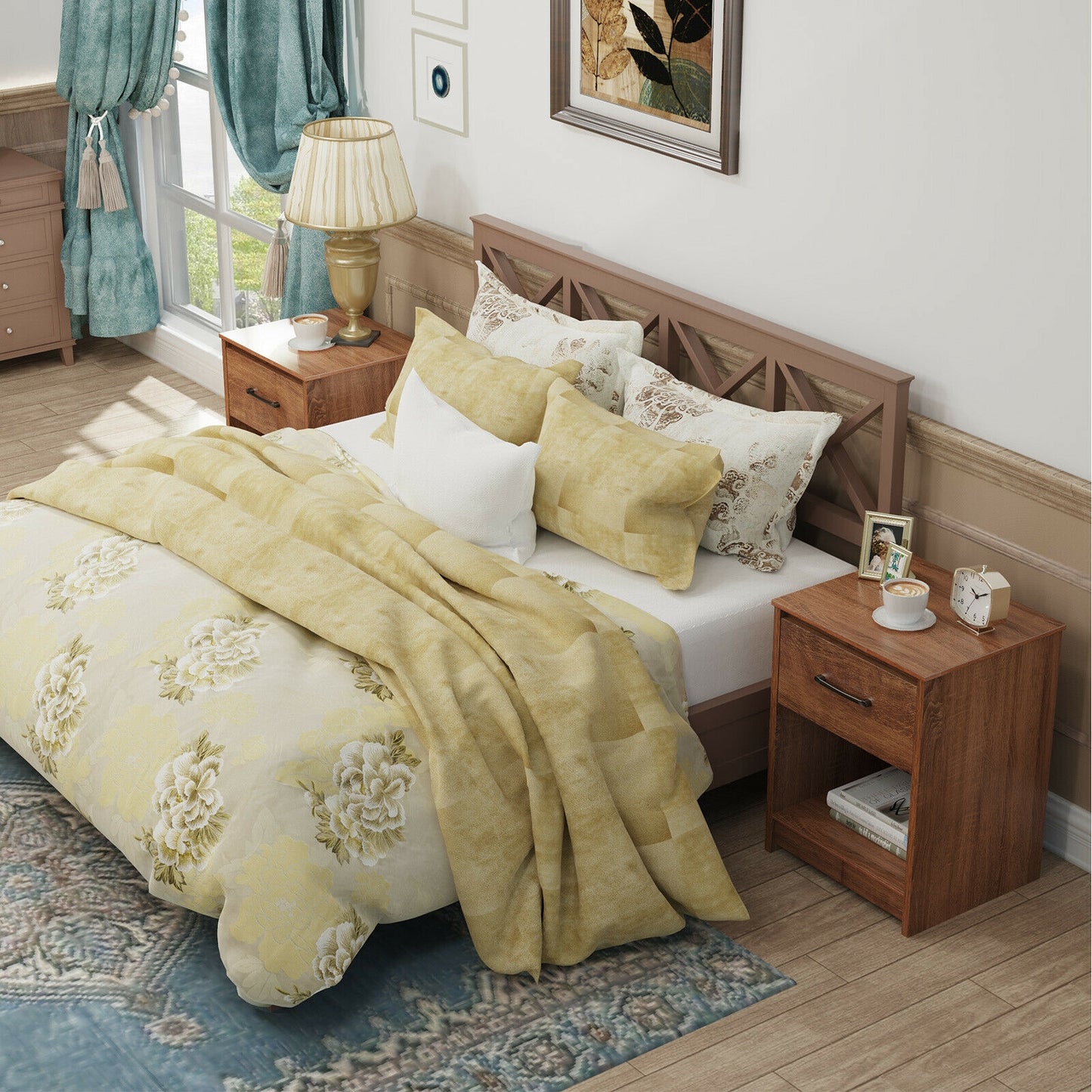 Wooden Nightstand with Drawer and Open Storage Shelf in Brown Finish
