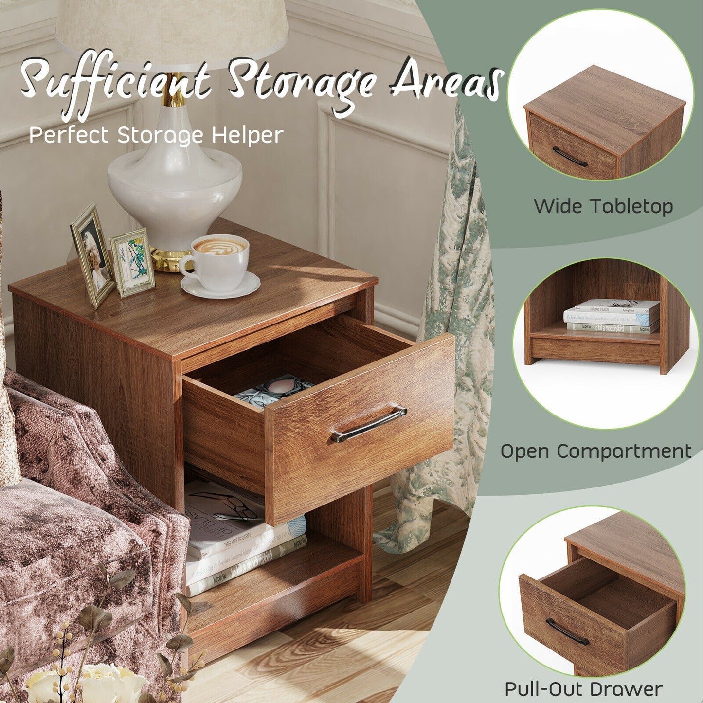 Wooden Nightstand with Drawer and Open Storage Shelf in Brown Finish