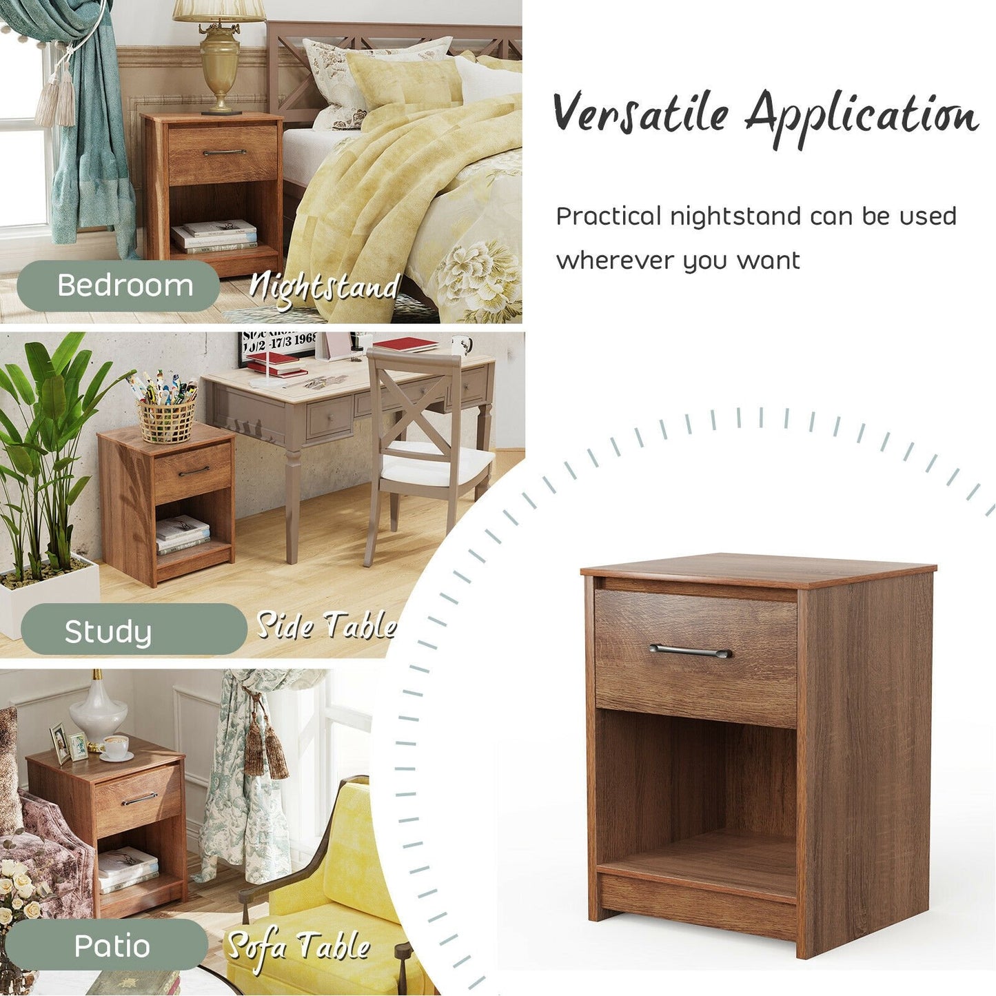 Wooden Nightstand with Drawer and Open Storage Shelf in Brown Finish