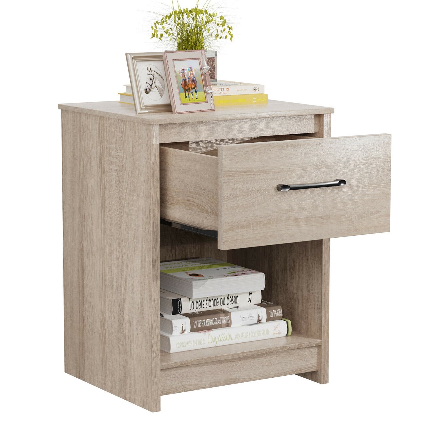 Wooden Nightstand with Drawer and Open Storage Shelf in Natural Finish