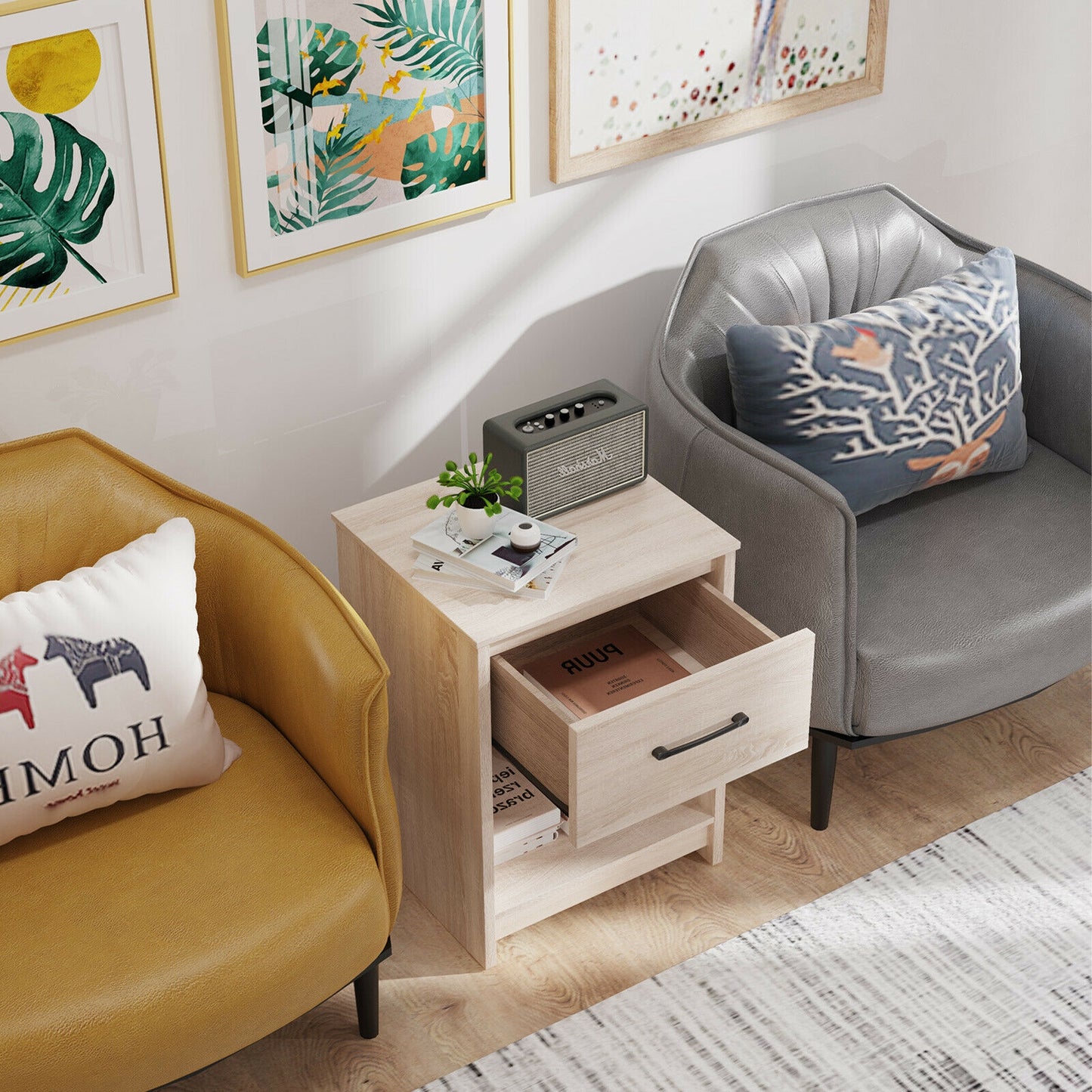 Wooden Nightstand with Drawer and Open Storage Shelf in Natural Finish