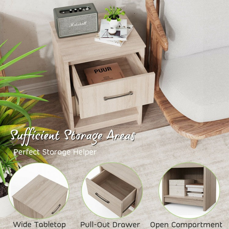 Wooden Nightstand with Drawer and Open Storage Shelf in Natural Finish