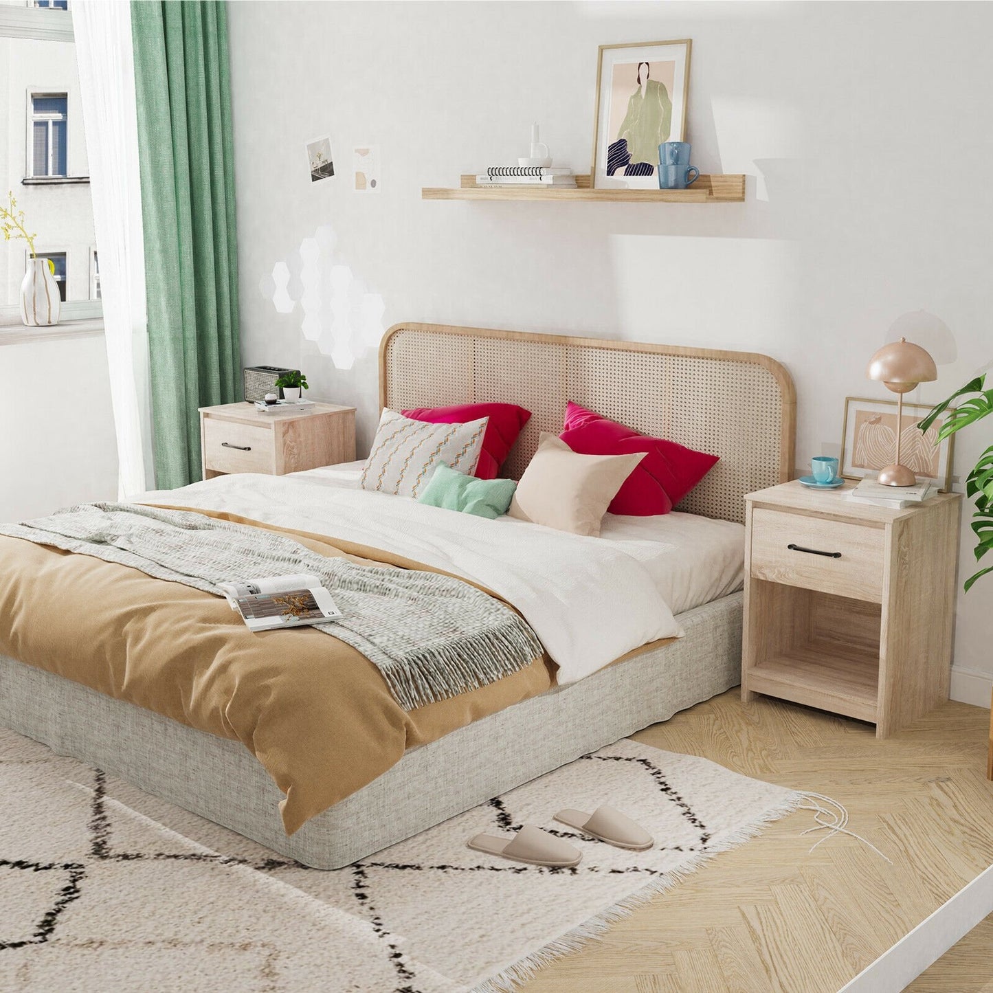 Wooden Nightstand with Drawer and Open Storage Shelf in Natural Finish