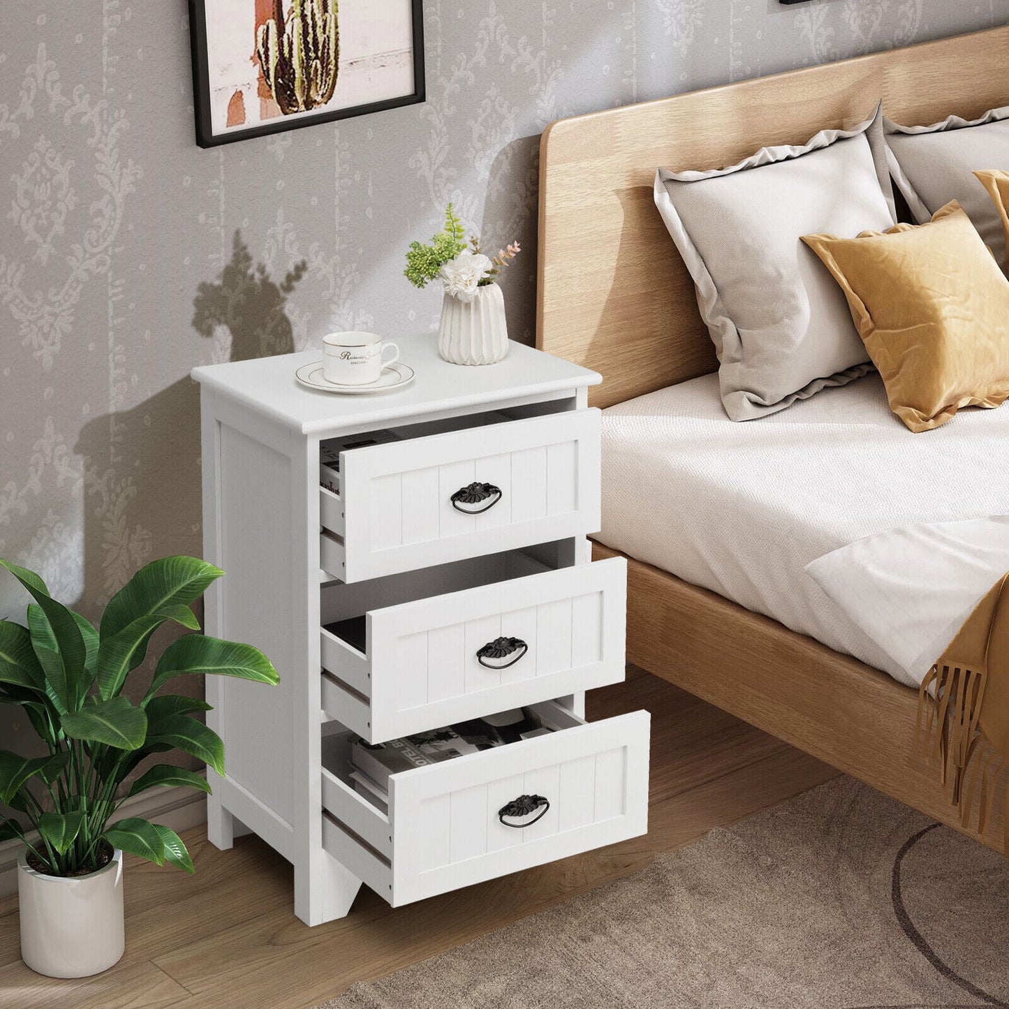 3-Drawer Wooden Nightstand with Storage Organizer – White