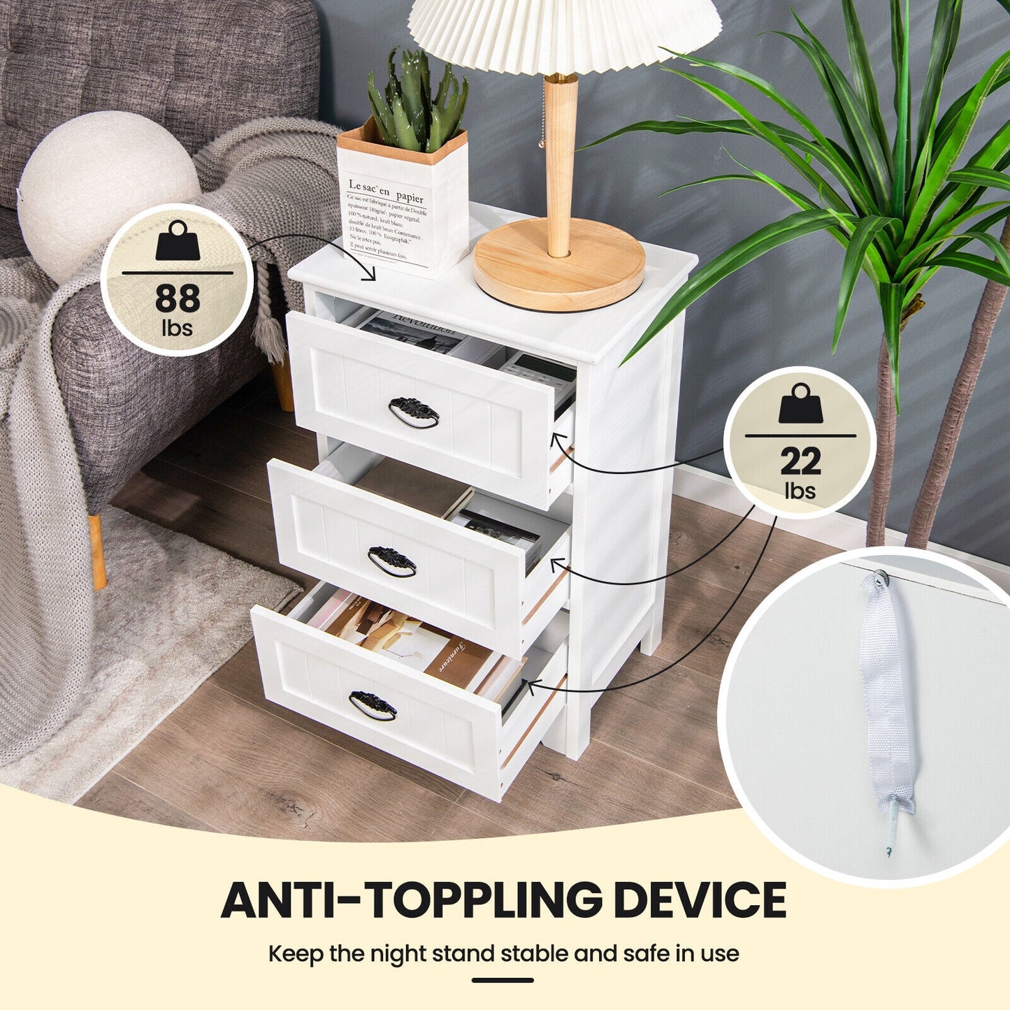 3-Drawer Wooden Nightstand with Storage Organizer – White