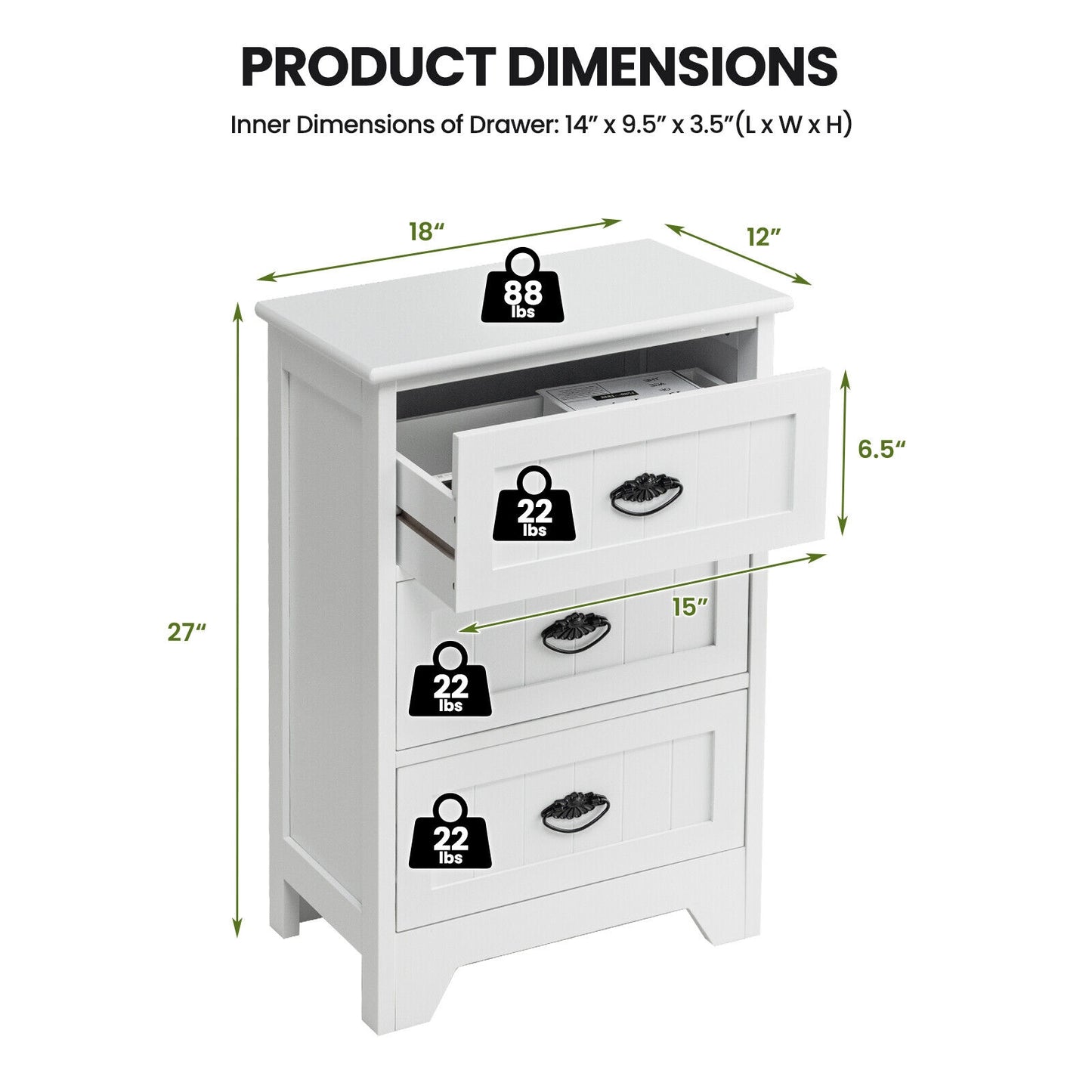 3-Drawer Wooden Nightstand with Storage Organizer – White