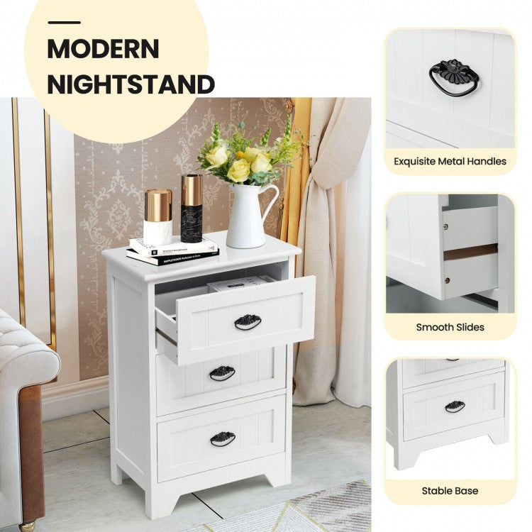 3-Drawer Wooden Nightstand with Storage Organizer – White