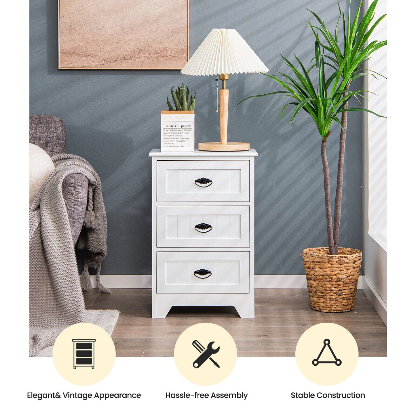 3-Drawer Wooden Nightstand with Storage Organizer – White