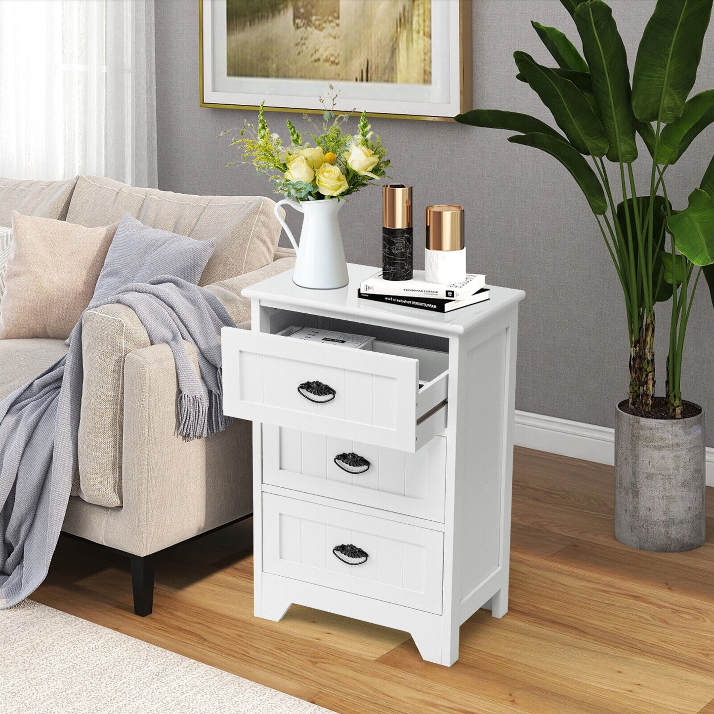 3-Drawer Wooden Nightstand with Storage Organizer – White