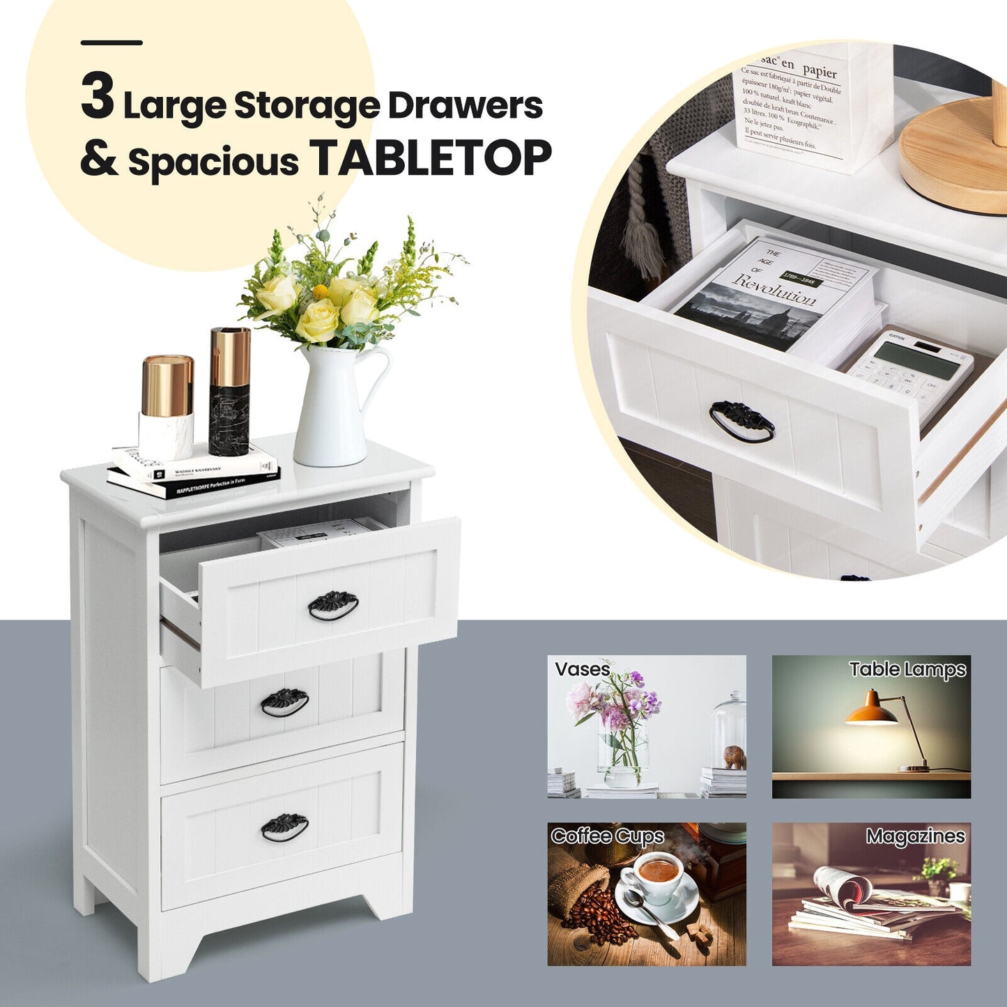 3-Drawer Wooden Nightstand with Storage Organizer – White