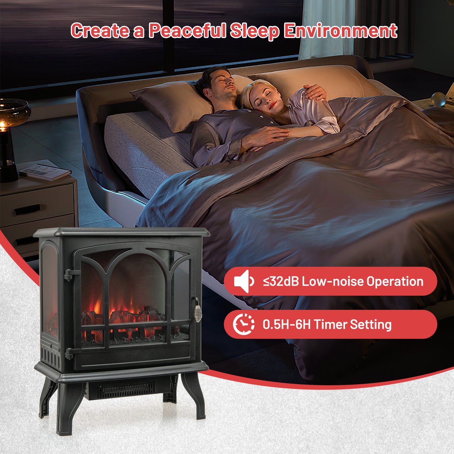 1400W Electric Fireplace Heater with 3 Level Flame Effect and 3 Sided Viewing