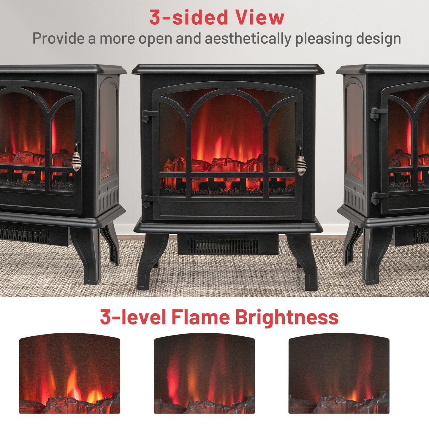 1400W Electric Fireplace Heater with 3 Level Flame Effect and 3 Sided Viewing