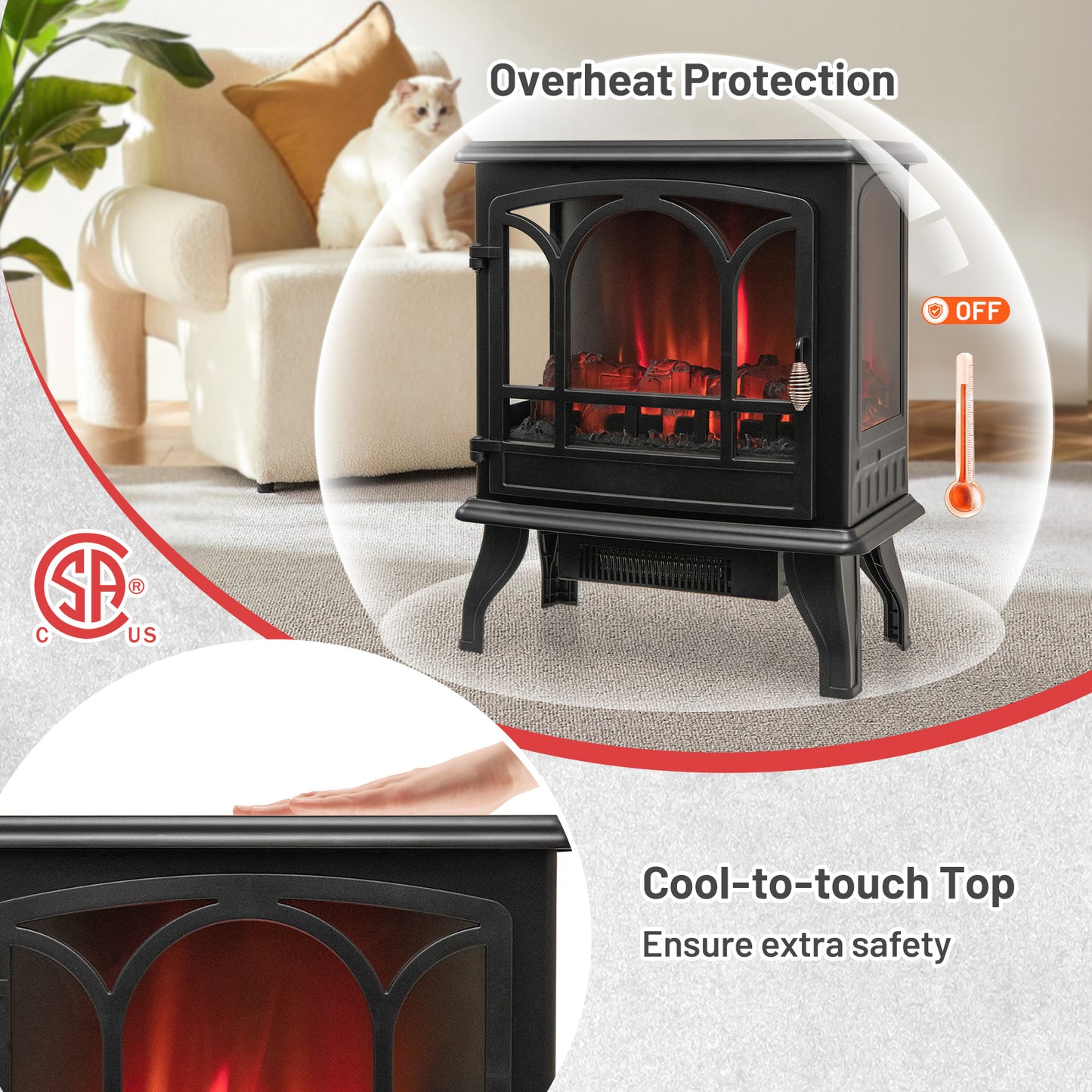1400W Electric Fireplace Heater with 3 Level Flame Effect and 3 Sided Viewing
