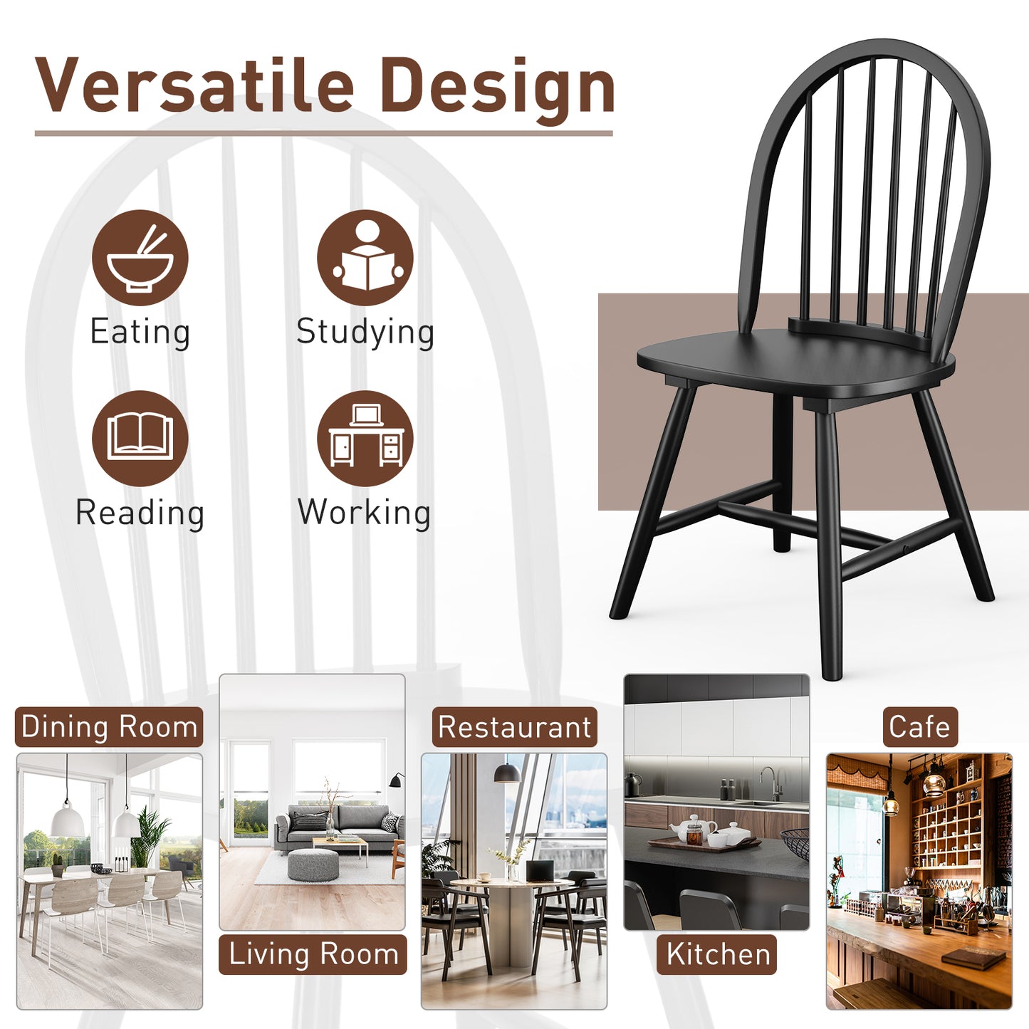 Pair of Vintage Windsor Wooden Dining Chairs with Spindle Back in Black Finish