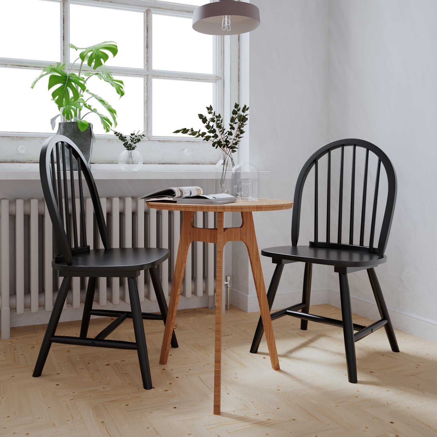 Pair of Vintage Windsor Wooden Dining Chairs with Spindle Back in Black Finish