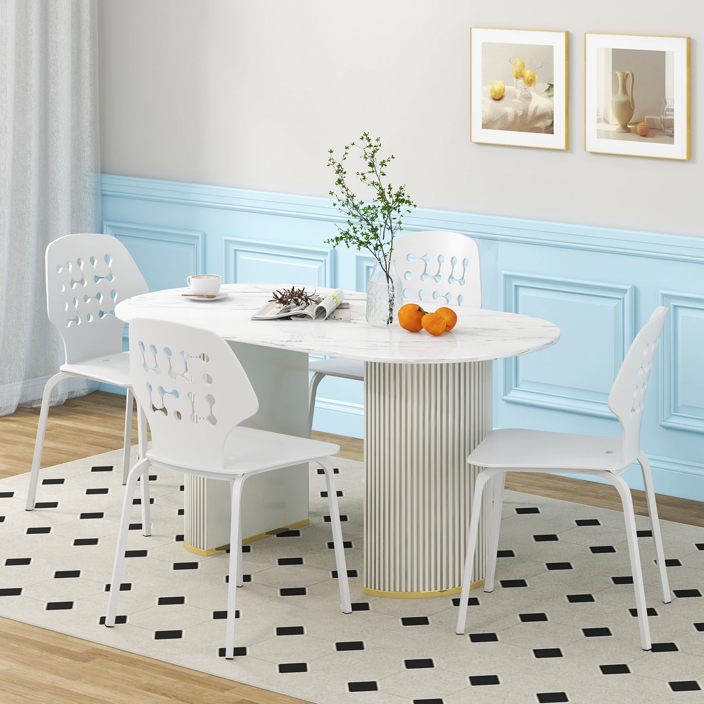 Modern Metal Dining Chairs Set of 4 with Hollowed Backrest and Durable Metal Legs - White