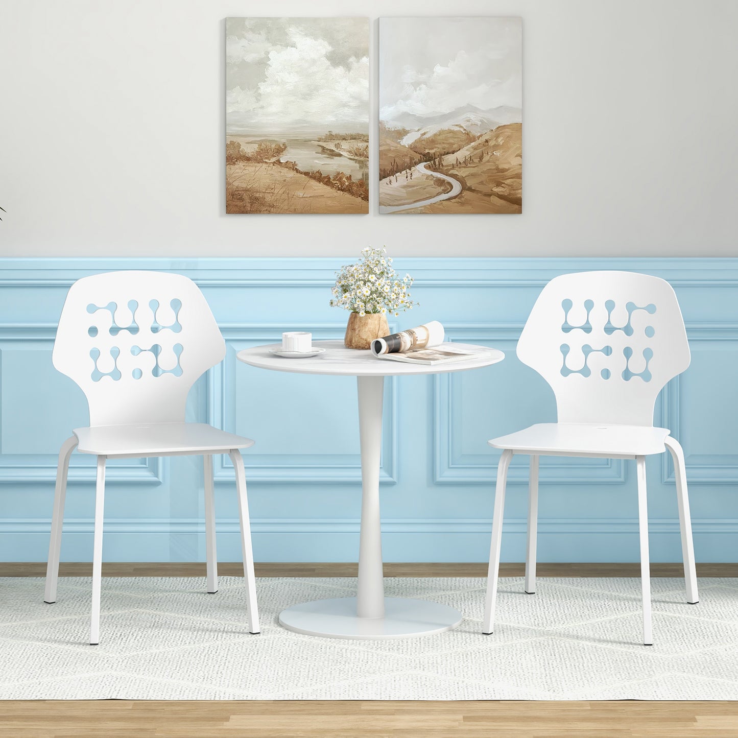 Modern Metal Dining Chairs Set of 4 with Hollowed Backrest and Durable Metal Legs - White
