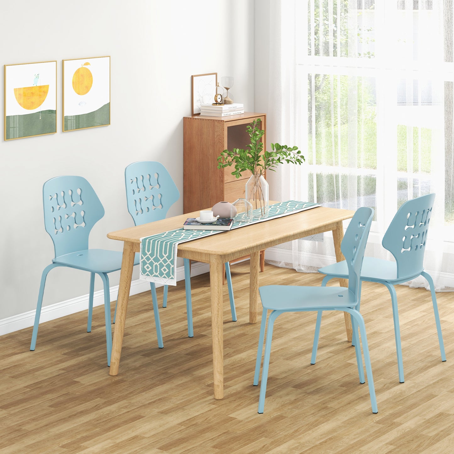 Modern Metal Dining Chairs Set of 4 with Hollowed Backrest and Durable Metal Legs - Blue