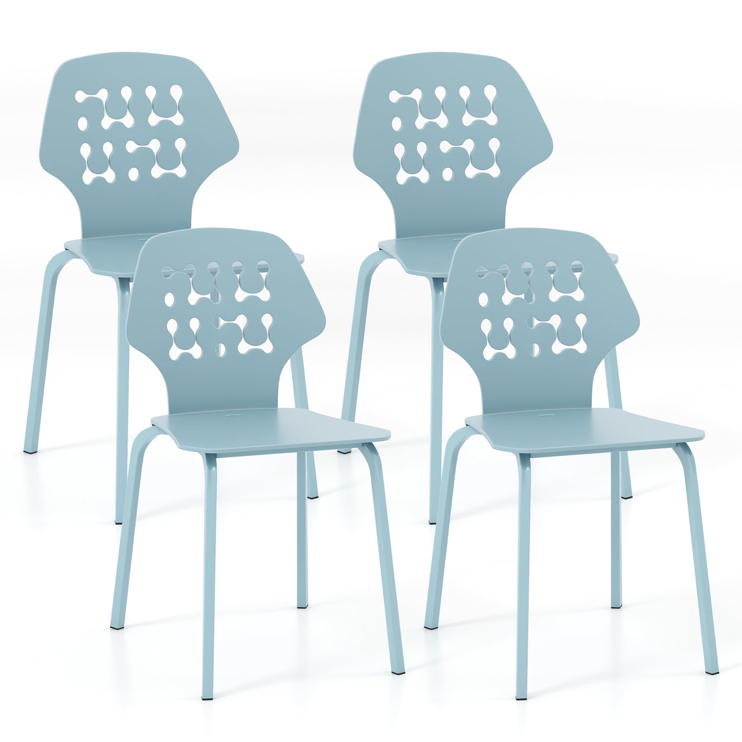 Modern Metal Dining Chairs Set of 4 with Hollowed Backrest and Durable Metal Legs - Blue
