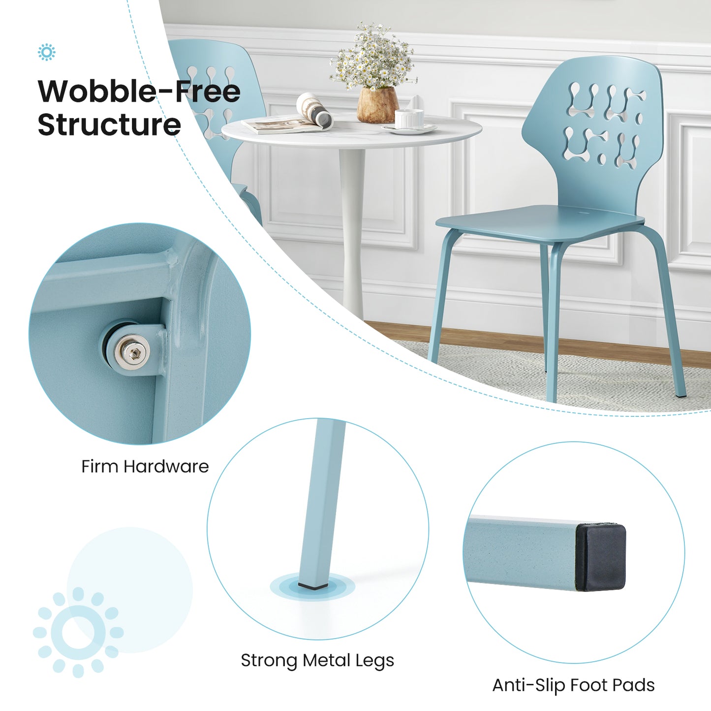 Modern Metal Dining Chairs Set of 4 with Hollowed Backrest and Durable Metal Legs - Blue