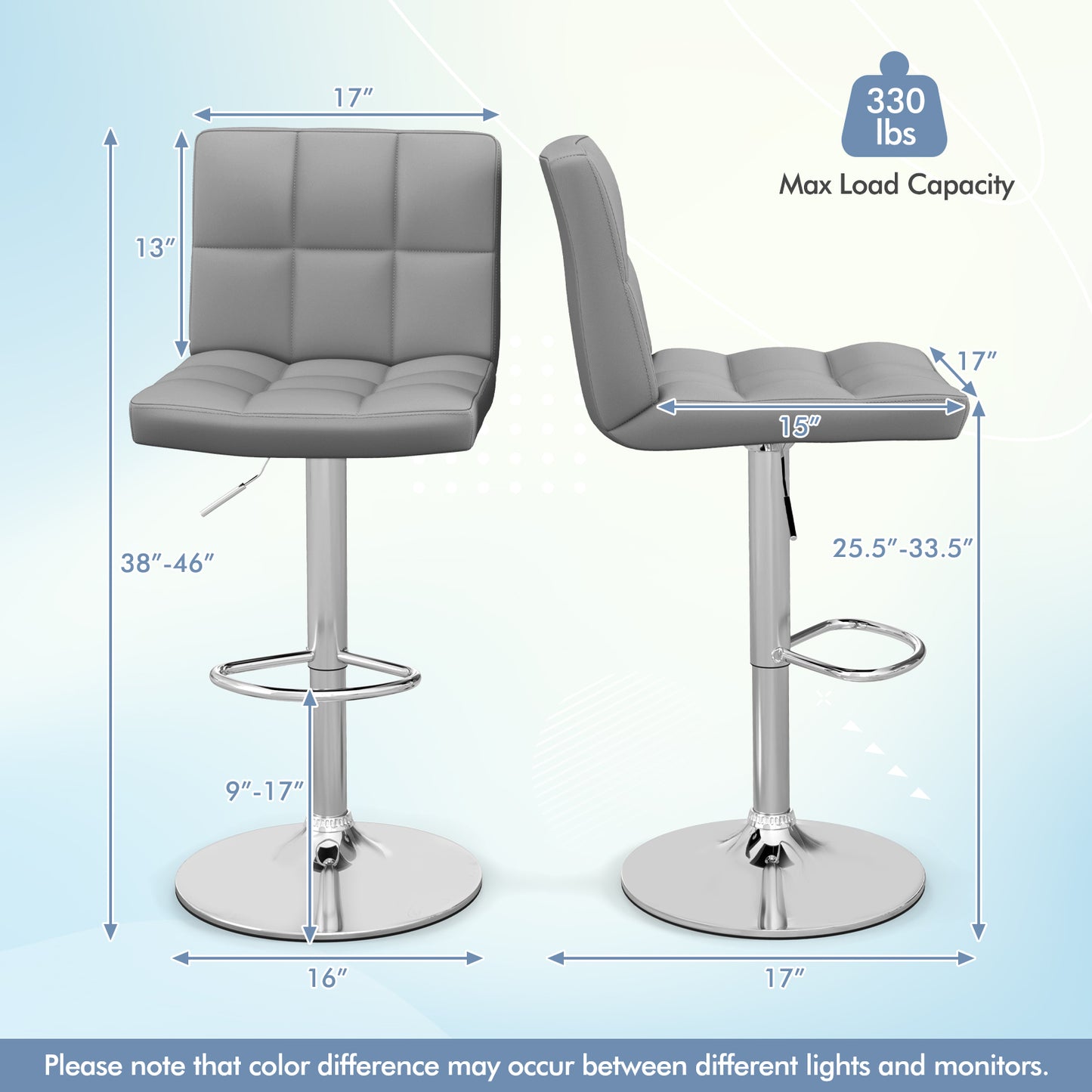 Ergonomic Swivel Bar Stool with Adjustable Height and PU Leather Cushion - Grey
