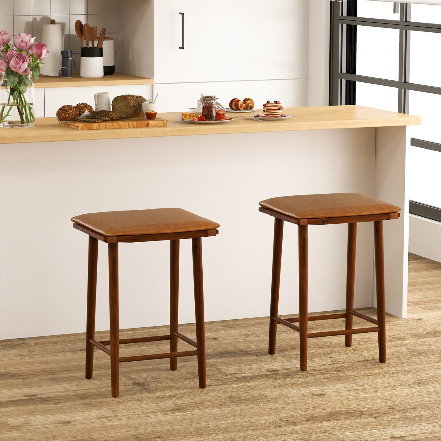 25.5" Barstools with Cushioned Seats and Wooden Frame, Set of 2
