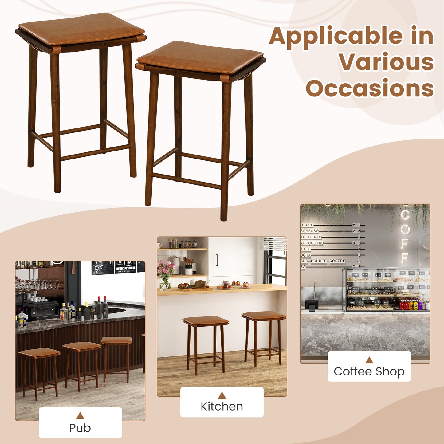 25.5" Barstools with Cushioned Seats and Wooden Frame, Set of 2