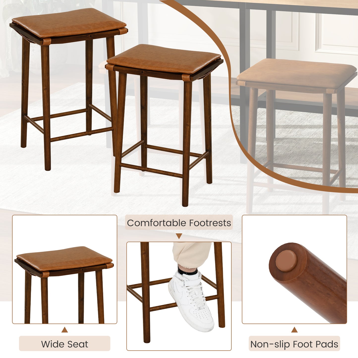 25.5" Barstools with Cushioned Seats and Wooden Frame, Set of 2