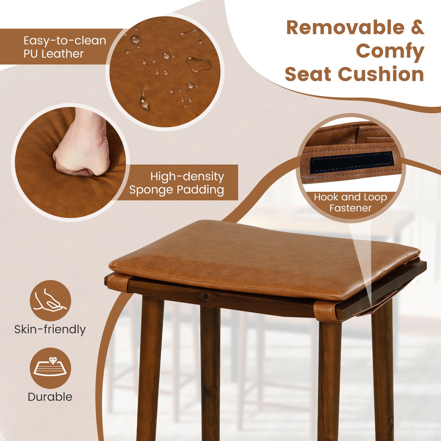 25.5" Barstools with Cushioned Seats and Wooden Frame, Set of 2