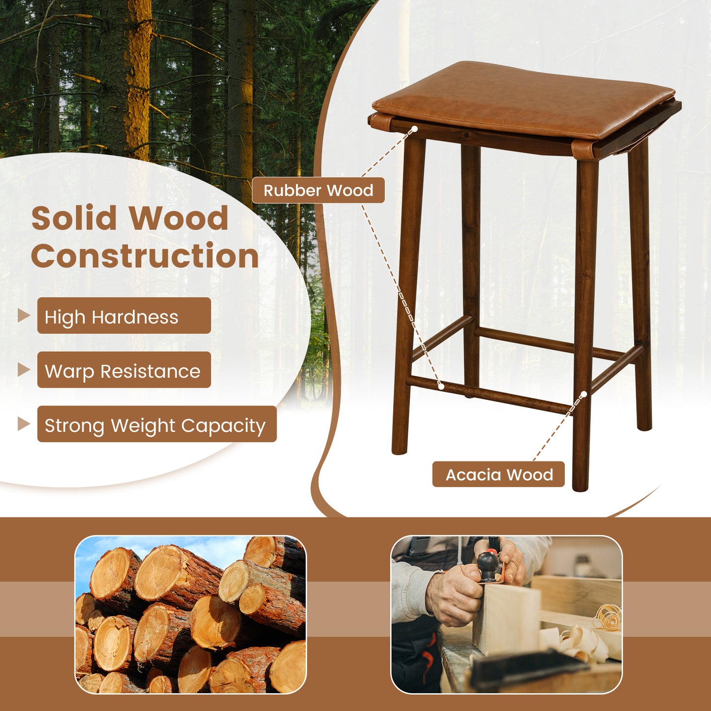 25.5" Barstools with Cushioned Seats and Wooden Frame, Set of 2