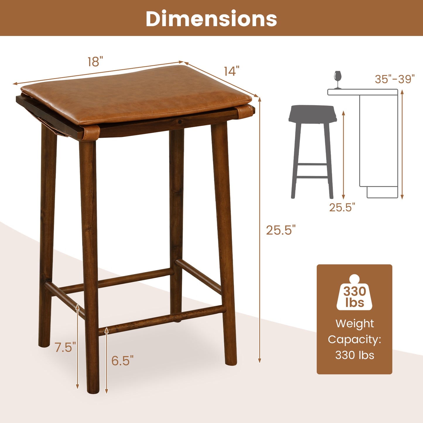 25.5" Barstools with Cushioned Seats and Wooden Frame, Set of 2