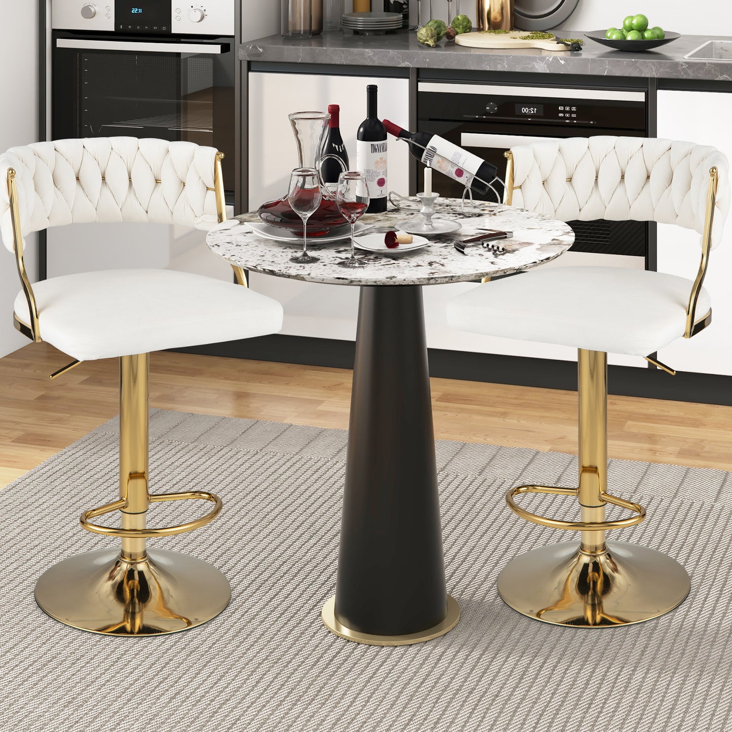 2 Pieces Velvet Swivel Bar Stools with Woven Back and Gold Metal Base for Island or Cafe Seating - White