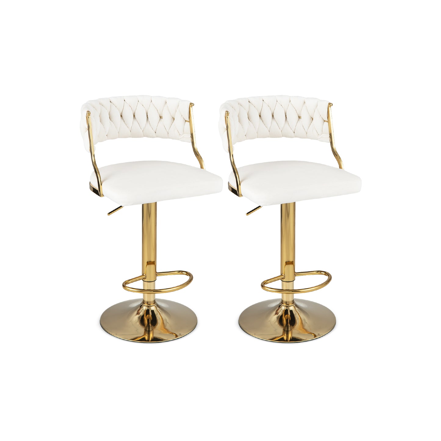 2 Pieces Velvet Swivel Bar Stools with Woven Back and Gold Metal Base for Island or Cafe Seating - White