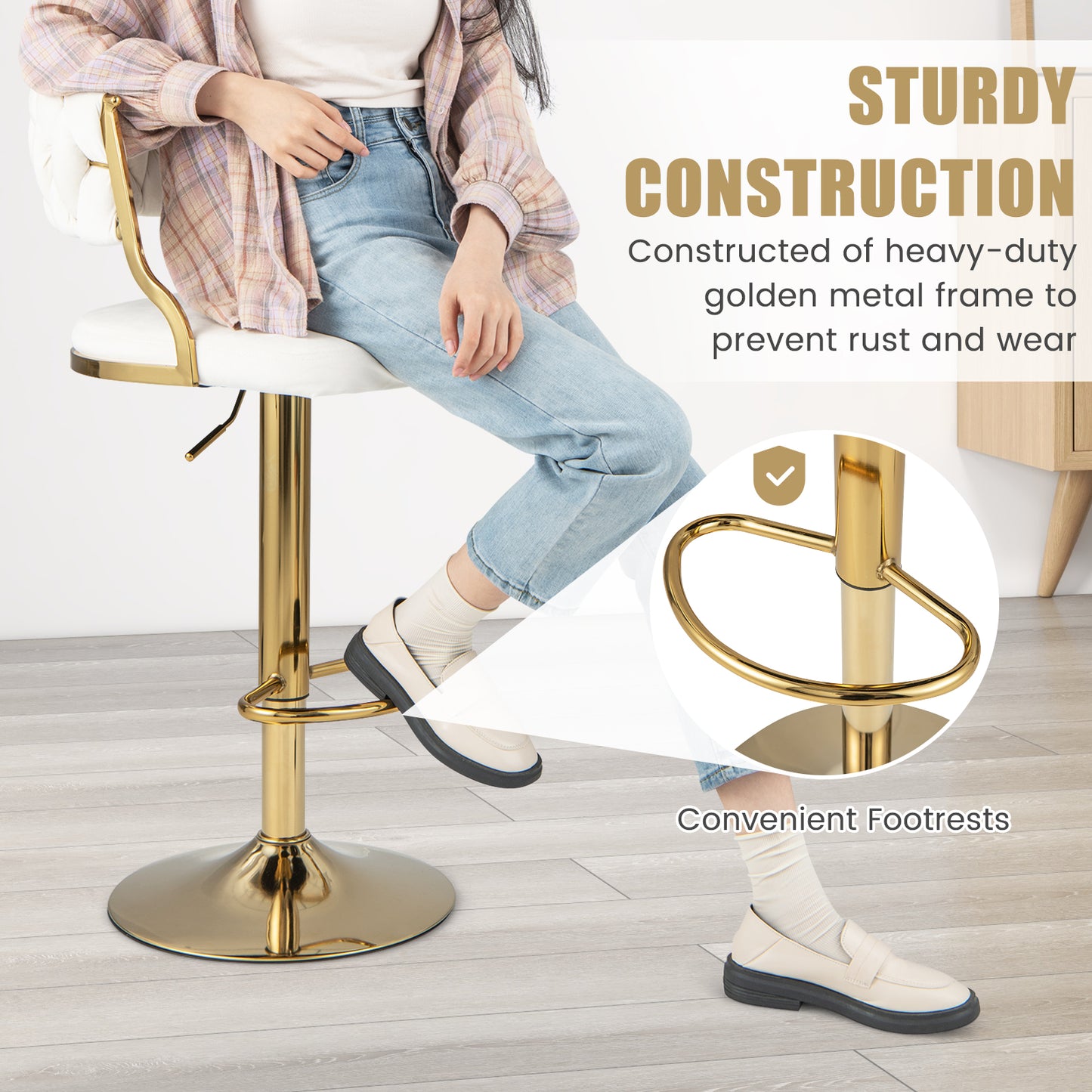 2 Pieces Velvet Swivel Bar Stools with Woven Back and Gold Metal Base for Island or Cafe Seating - White