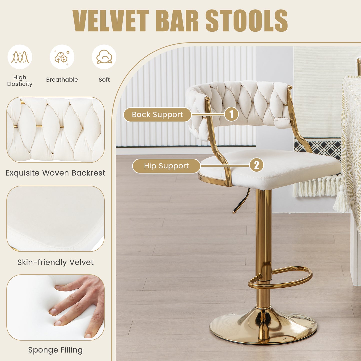 2 Pieces Velvet Swivel Bar Stools with Woven Back and Gold Metal Base for Island or Cafe Seating - White