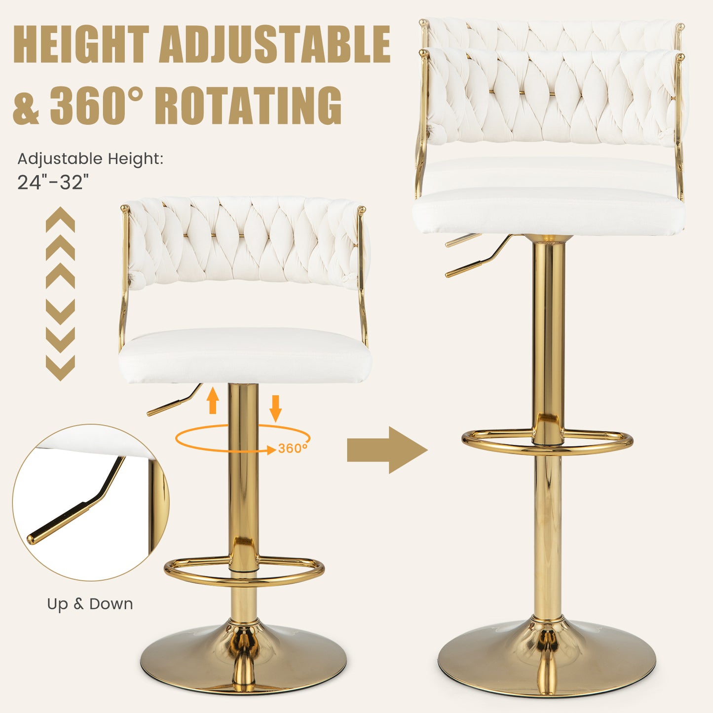 2 Pieces Velvet Swivel Bar Stools with Woven Back and Gold Metal Base for Island or Cafe Seating - White