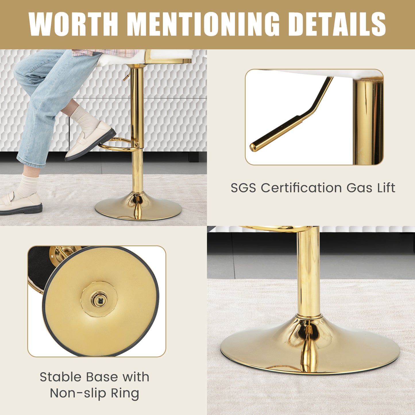 2 Pieces Velvet Swivel Bar Stools with Woven Back and Gold Metal Base for Island or Cafe Seating - White
