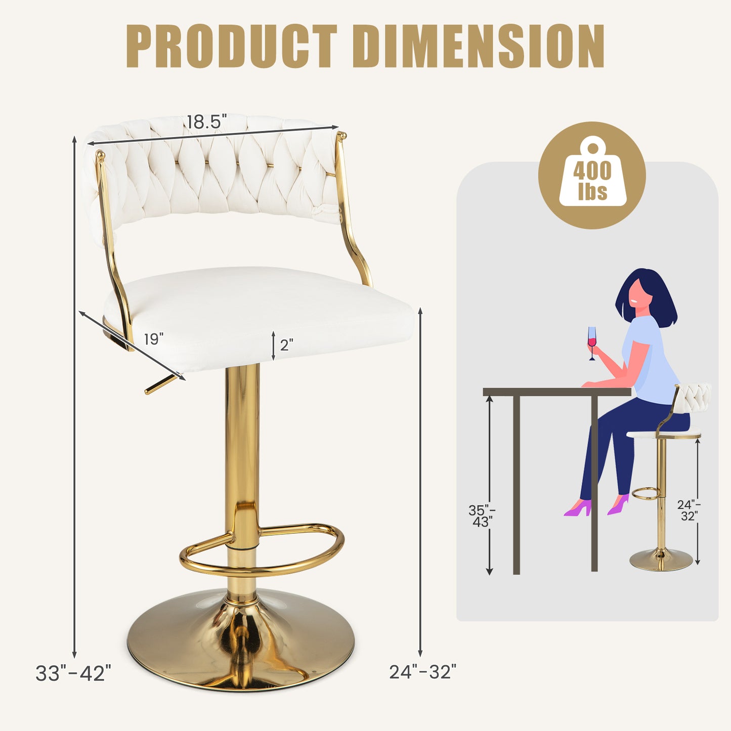 2 Pieces Velvet Swivel Bar Stools with Woven Back and Gold Metal Base for Island or Cafe Seating - White