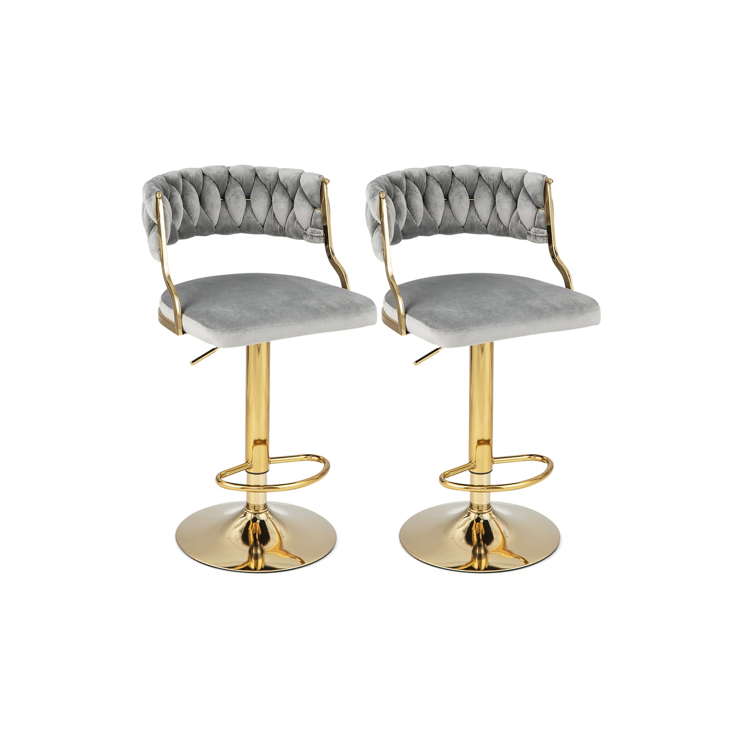 2 Pieces Velvet Swivel Bar Stools with Woven Back and Gold Metal Base for Island or Cafe Seating - Grey