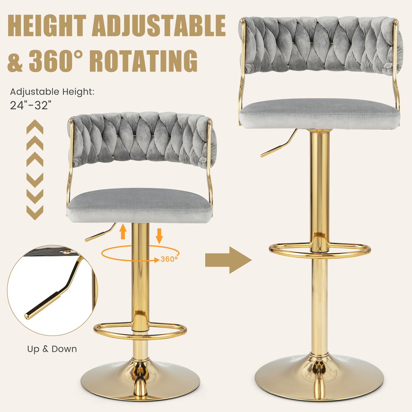 2 Pieces Velvet Swivel Bar Stools with Woven Back and Gold Metal Base for Island or Cafe Seating - Grey