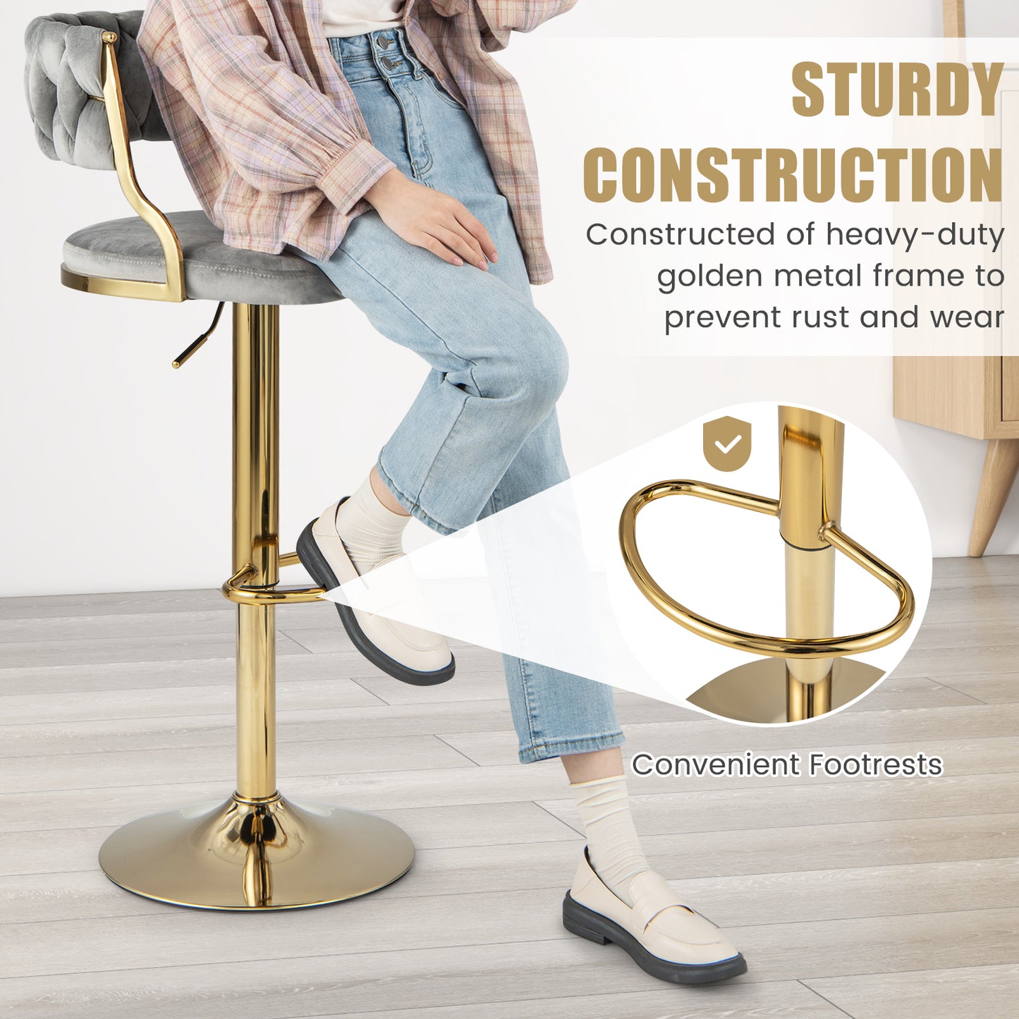 2 Pieces Velvet Swivel Bar Stools with Woven Back and Gold Metal Base for Island or Cafe Seating - Grey